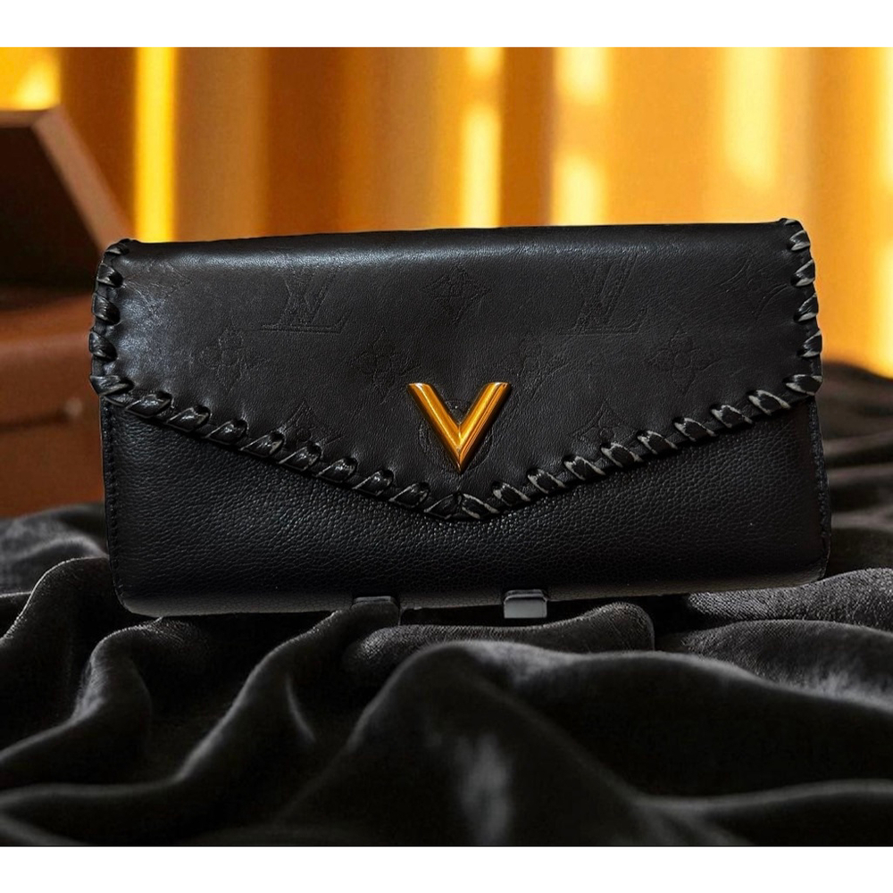 Louis Vuitton Black Leather & Gold V Logo Clutch Wallet